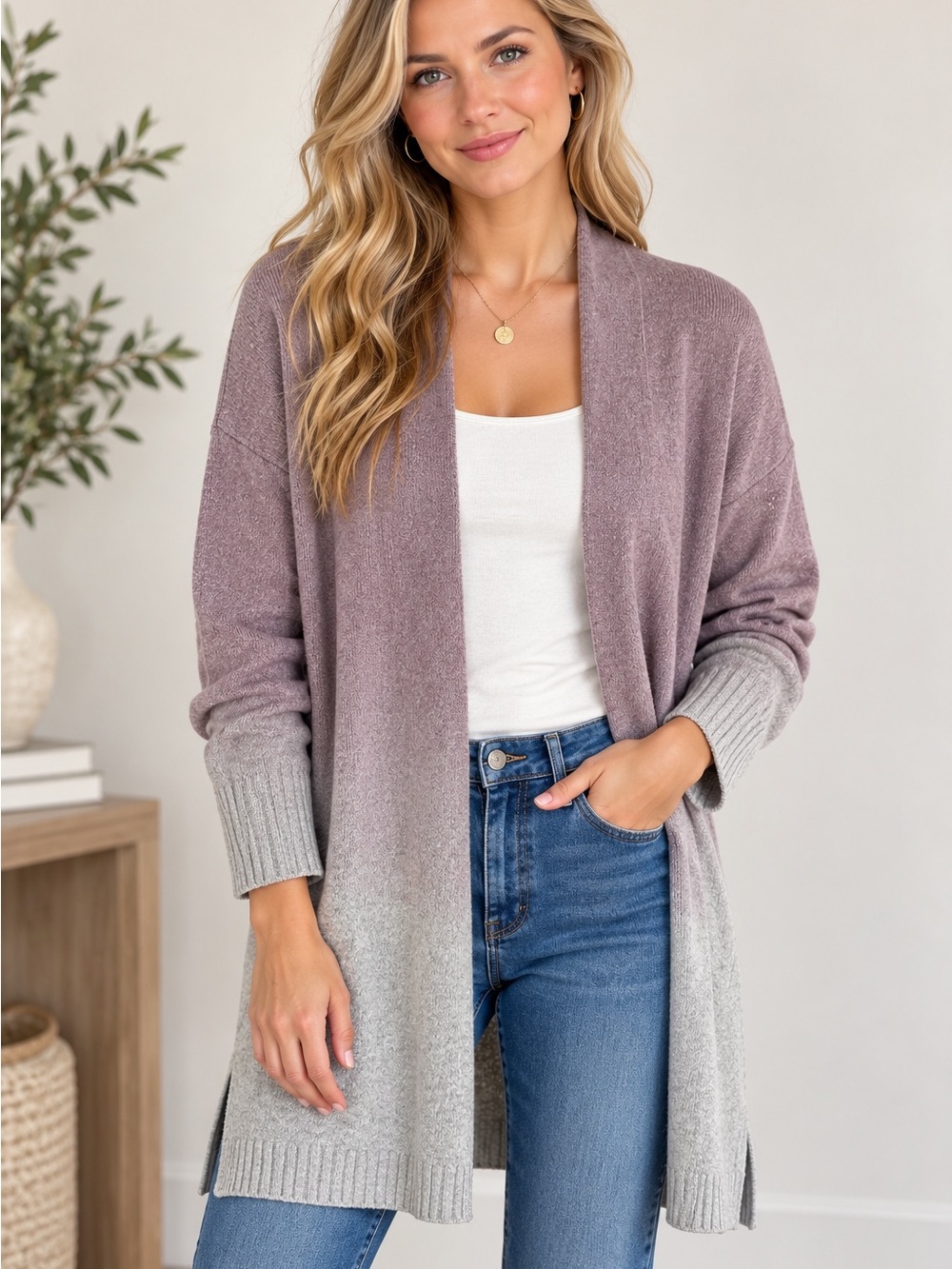 Pure Jill J Jill Petite M Cardigan Sweater Purple Gray Ombre Open Front Long